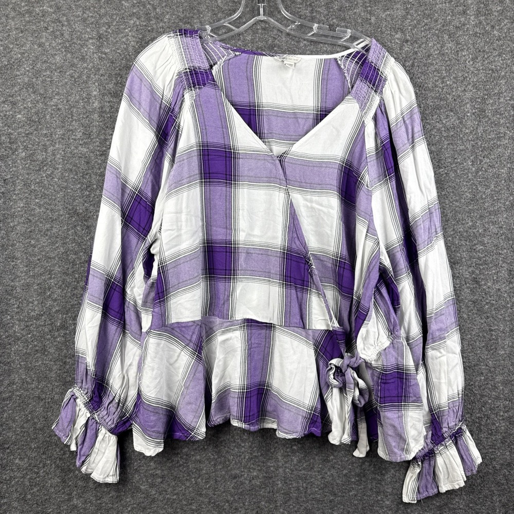 Cato Womens Tunic Top Size 22/24W Purple Plaid Wrap V-Neck Long Sleeve Ruffle